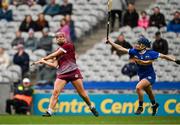 14 April 2024; Orlaith McGrath of Galway in action against Caoimhe McCarthy of Tipperary during the Very Camogie League Division 1A Final between Tipperary and Galway at Croke Park in Dublin. Photo by Brendan Moran/Sportsfile