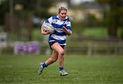 14 April 2024; Clara Sexton of Athy makes a break on her way to scoring a try during the Cusack Plate final match between Athy and Ashbourne during the Bank of Ireland Leinster Rugby Women Finals Day at Balbriggan RFC in Dublin. Photo by Ben McShane/Sportsfile