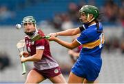 14 April 2024; Caoimhe Maher of Tipperary in action against Niamh McPeake of Galway during the Very Camogie League Division 1A Final between Tipperary and Galway at Croke Park in Dublin. Photo by Brendan Moran/Sportsfile