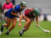 14 April 2024; Niamh McPeake of Galway in action against Caoimhe Maher of Tipperary during the Very Camogie League Division 1A Final between Tipperary and Galway at Croke Park in Dublin. Photo by Brendan Moran/Sportsfile