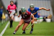 14 April 2024; Niamh McPeake of Galway in action against Caoimhe Maher of Tipperary during the Very Camogie League Division 1A Final between Tipperary and Galway at Croke Park in Dublin. Photo by Brendan Moran/Sportsfile