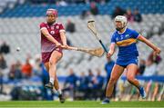 14 April 2024; Orlaith McGrath of Galway is hooked by Mairead Eviston of Tipperary during the Very Camogie League Division 1A Final between Tipperary and Galway at Croke Park in Dublin. Photo by Brendan Moran/Sportsfile
