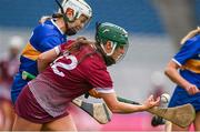 14 April 2024; Niamh McPeake of Galway in action against Clodagh McIntyre of Tipperary during the Very Camogie League Division 1A Final between Tipperary and Galway at Croke Park in Dublin. Photo by Brendan Moran/Sportsfile