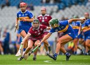 14 April 2024; Aoife Donohue of Galway in action against Caoimhe Maher of Tipperary during the Very Camogie League Division 1A Final between Tipperary and Galway at Croke Park in Dublin. Photo by Brendan Moran/Sportsfile