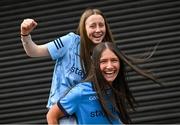 14 April 2024; Dublin supporters Isobelle Murray, right, and Cadhla O'Neill before the Leinster GAA Football Senior Championship quarter-final match between Dublin and Meath at Croke Park in Dublin. Photo by David Fitzgerald/Sportsfile