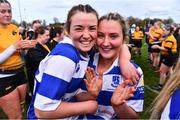 14 April 2024; Clara Sexton, right, and Meabh Collins of Athy celebrate after their side's victory in the Cusack Plate final match between Athy and Ashbourne during the Bank of Ireland Leinster Rugby Women Finals Day at Balbriggan RFC in Dublin. Photo by Ben McShane/Sportsfile