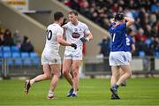 14 April 2024; Darragh Kirwan of Kildare, centre, celebrates a score with team-mate Alex Beirne, left, and Gavin Fogarty of Wicklow reacts during the Leinster GAA Football Senior Championship quarter-final match between Kildare and Wicklow at Laois Hire O’Moore Park in Portlaoise, Laois. Photo by Sam Barnes/Sportsfile