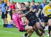 14 April 2024; Bundee Aki of Connacht in action against Jacob Umaga of Benetton during the EPCR Challenge Cup quarter-final match between Benetton and Connacht at Stadio Monigo in Treviso, Italy. Photo by Roberto Bregani/Sportsfile