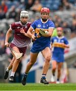 14 April 2024; Karen Kennedy of Tipperary in action against Ally Hesnan of Galway during the Very Camogie League Division 1A Final between Tipperary and Galway at Croke Park in Dublin. Photo by Brendan Moran/Sportsfile