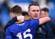14 April 2024; Wicklow manager Oisín McConville consoles John Paul Nolan after their side's defeat in the Leinster GAA Football Senior Championship quarter-final match between Kildare and Wicklow at Laois Hire O’Moore Park in Portlaoise, Laois. Photo by Piaras Ó Mídheach/Sportsfile