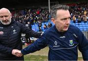 14 April 2024; Wicklow manager Oisín McConville, right, shakes hands with Kildare manager Glenn Ryan after the Leinster GAA Football Senior Championship quarter-final match between Kildare and Wicklow at Laois Hire O’Moore Park in Portlaoise, Laois. Photo by Piaras Ó Mídheach/Sportsfile