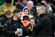 14 April 2024; Armagh manager Kieran McGeeney, right, and coach Conleith Gilligan during the Ulster GAA Football Senior Championship quarter-final match between Fermanagh and Armagh at Brewster Park in Enniskillen, Fermanagh. Photo by Ramsey Cardy/Sportsfile