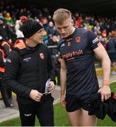 14 April 2024; Armagh manager Kieran McGeeney, left, in conversation with Rian O'Neill after the Ulster GAA Football Senior Championship quarter-final match between Fermanagh and Armagh at Brewster Park in Enniskillen, Fermanagh. Photo by Ramsey Cardy/Sportsfile