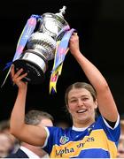 14 April 2024; Tipperary captain Karen Kennedy lifts the cup after the Very Camogie League Division 1A Final between Tipperary and Galway at Croke Park in Dublin. Photo by Brendan Moran/Sportsfile