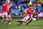 14 April 2024; Seán Nolan of Wexford in action against Dermot Campbell of Louth  during the Leinster GAA Football Senior Championship quarter-final match between Louth and Wexford at Laois Hire O’Moore Park in Portlaoise, Laois. Photo by Piaras Ó Mídheach/Sportsfile