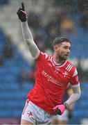 14 April 2024; Ciaran Downey of Louth celebrates after scoring his side's first goal during the Leinster GAA Football Senior Championship quarter-final match between Louth and Wexford at Laois Hire O’Moore Park in Portlaoise, Laois. Photo by Sam Barnes/Sportsfile