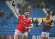 14 April 2024; Ciaran Downey of Louth celebrates after scoring his side's first goal during the Leinster GAA Football Senior Championship quarter-final match between Louth and Wexford at Laois Hire O’Moore Park in Portlaoise, Laois. Photo by Sam Barnes/Sportsfile