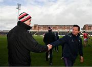 14 April 2024; Louth manager Ger Brennan, left, and Wexford manager John Hegarty shake  hands after the Leinster GAA Football Senior Championship quarter-final match between Louth and Wexford at Laois Hire O’Moore Park in Portlaoise, Laois. Photo by Sam Barnes/Sportsfile