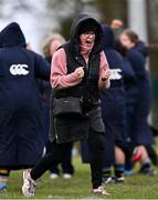 14 April 2024; Navan supporter celebrates a try during the Cusack Cup final match between Edenderry and Navan during the Bank of Ireland Leinster Rugby Women Finals Day at Balbriggan RFC in Dublin. Photo by Ben McShane/Sportsfile