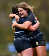 14 April 2024; Racheal Browne of Navan, left, celebrates with team-mate Cara Martin after their side's victory in the Cusack Cup final match between Edenderry and Navan during the Bank of Ireland Leinster Rugby Women Finals Day at Balbriggan RFC in Dublin. Photo by Ben McShane/Sportsfile