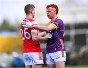 14 April 2024; Shane Pettit of Wexford and Paul Mathews of Louth after the Leinster GAA Football Senior Championship quarter-final match between Louth and Wexford at Laois Hire O’Moore Park in Portlaoise, Laois. Photo by Piaras Ó Mídheach/Sportsfile