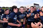 14 April 2024; Navan captain Anna Bolger, right, and team-mate Ava Galvin celebrate after their side's victory in the Cusack Cup final match between Edenderry and Navan during the Bank of Ireland Leinster Rugby Women Finals Day at Balbriggan RFC in Dublin. Photo by Ben McShane/Sportsfile