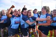 14 April 2024; MU Barnhall players celebrate after their side's victory in the Flood Cup final match between Tullow and MU Barnhall during the Bank of Ireland Leinster Rugby Women Finals Day at Balbriggan RFC in Dublin. Photo by Ben McShane/Sportsfile