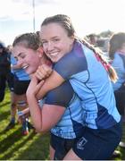 14 April 2024; Ali Howick of MU Barnhall, left, celebrates with team-mate Alex Casey after their side's victory in the Flood Cup final match between Tullow and MU Barnhall during the Bank of Ireland Leinster Rugby Women Finals Day at Balbriggan RFC in Dublin. Photo by Ben McShane/Sportsfile