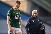 14 April 2024; Mathew Costello of Meath leaves the pitch with selector Sean Boylan after the Leinster GAA Football Senior Championship quarter-final match between Dublin and Meath at Croke Park in Dublin. Photo by Brendan Moran/Sportsfile