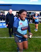 14 April 2024; Prudence Isaac of MU Barnhall with her Player of the Match award the Flood Cup final match between Tullow and MU Barnhall during the Bank of Ireland Leinster Rugby Women Finals Day at Balbriggan RFC in Dublin. Photo by Ben McShane/Sportsfile