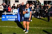14 April 2024;MU Barnhall captain Ciara Faulkner makes a speech after her side's victory in the Flood Cup final match between Tullow and MU Barnhall during the Bank of Ireland Leinster Rugby Women Finals Day at Balbriggan RFC in Dublin. Photo by Ben McShane/Sportsfile