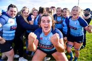14 April 2024; Rebecca Francis of MU Barnhall celebrates after her side's victory in the Flood Cup final match between Tullow and MU Barnhall during the Bank of Ireland Leinster Rugby Women Finals Day at Balbriggan RFC in Dublin. Photo by Ben McShane/Sportsfile