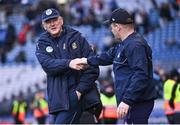 14 April 2024; Meath manager Colm O'Rourke, left, and Dublin manager Dessie Farrell shake hands after the Leinster GAA Football Senior Championship quarter-final match between Dublin and Meath at Croke Park in Dublin. Photo by David Fitzgerald/Sportsfile