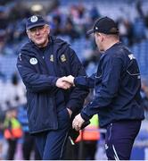 14 April 2024; Meath manager Colm O'Rourke, left, and Dublin manager Dessie Farrell shake hands after the Leinster GAA Football Senior Championship quarter-final match between Dublin and Meath at Croke Park in Dublin. Photo by David Fitzgerald/Sportsfile