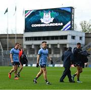 14 April 2024; Dublin players Con O'Callaghan, left, Eoin Murchan and Niall Scully leave the pitch after the Leinster GAA Football Senior Championship quarter-final match between Dublin and Meath at Croke Park in Dublin. Photo by Brendan Moran/Sportsfile