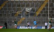 14 April 2024; Dublin goalkeeper Stephen Cluxton kicks the  ball out in front of an empty section of Hill 16 during the Leinster GAA Football Senior Championship quarter-final match between Dublin and Meath at Croke Park in Dublin. Photo by Brendan Moran/Sportsfile