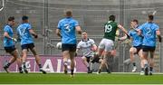 14 April 2024; Dublin goalkeeper Stephen Cluxton makes a save from Jack O'Connor of Meath during the Leinster GAA Football Senior Championship quarter-final match between Dublin and Meath at Croke Park in Dublin. Photo by Brendan Moran/Sportsfile