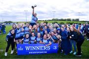 14 April 2024; MU Barnhall players celebrate after their side's victory in the Flood Cup final match between Tullow and MU Barnhall during the Bank of Ireland Leinster Rugby Women Finals Day at Balbriggan RFC in Dublin. Photo by Ben McShane/Sportsfile