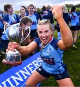 14 April 2024; MU Barnhall captain Ciara Faulkner celebrates after her side's victory in the Flood Cup final match between Tullow and MU Barnhall during the Bank of Ireland Leinster Rugby Women Finals Day at Balbriggan RFC in Dublin. Photo by Ben McShane/Sportsfile