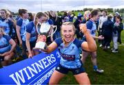 14 April 2024; MU Barnhall captain Ciara Faulkner celebrates after her side's victory in the Flood Cup final match between Tullow and MU Barnhall during the Bank of Ireland Leinster Rugby Women Finals Day at Balbriggan RFC in Dublin. Photo by Ben McShane/Sportsfile