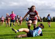 14 April 2024; Ava Gleeson of MU Barnhall scores a try during the Flood Cup final match between Tullow and MU Barnhall during the Bank of Ireland Leinster Rugby Women Finals Day at Balbriggan RFC in Dublin. Photo by Ben McShane/Sportsfile