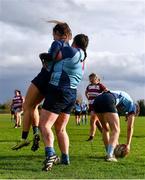 14 April 2024; Ava Gleeson of MU Barnhall celebrates with team-mate Ali Howick after scoring a try during the Flood Cup final match between Tullow and MU Barnhall during the Bank of Ireland Leinster Rugby Women Finals Day at Balbriggan RFC in Dublin. Photo by Ben McShane/Sportsfile