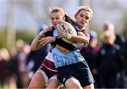 14 April 2024; Brooke Fagan-Merrigan of MU Barnhall is tackled by Orla Hanlon of Tullow during the Flood Cup final match between Tullow and MU Barnhall during the Bank of Ireland Leinster Rugby Women Finals Day at Balbriggan RFC in Dublin. Photo by Ben McShane/Sportsfile