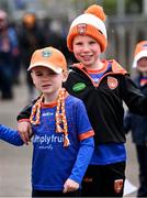 14 April 2024; Armagh supporters Aaron, age 5, left, and Danny Hughes before the Ulster GAA Football Senior Championship quarter-final match between Fermanagh and Armagh at Brewster Park in Enniskillen, Fermanagh. Photo by Ramsey Cardy/Sportsfile