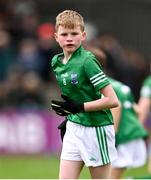 14 April 2024; Fionn Brewster, representing Fermanagh Cumann na mBunscol, grandson of Michael Brewster, who Brewster Park is named after, and son of former Fermanagh player Tom Brewster, during the Ulster GAA Football Senior Championship quarter-final match between Fermanagh and Armagh at Brewster Park in Enniskillen, Fermanagh. Photo by Ramsey Cardy/Sportsfile