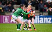 14 April 2024; Action during the half-time Cumann na mBunscol match at the Ulster GAA Football Senior Championship quarter-final match between Fermanagh and Armagh at Brewster Park in Enniskillen, Fermanagh. Photo by Ramsey Cardy/Sportsfile