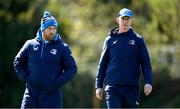 15 April 2024; Head coach Leo Cullen, right, and contact skills coach Sean O'Brien during a Leinster Rugby squad training session at UCD in Dublin. Photo by Seb Daly/Sportsfile