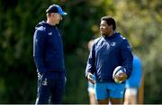 15 April 2024; Head coach Leo Cullen, left, and Temi Lasisi during a Leinster Rugby squad training session at UCD in Dublin. Photo by Seb Daly/Sportsfile