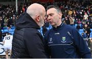 14 April 2024; Wicklow manager Oisín McConville, right, shakes hands with Kildare manager Glenn Ryan after the Leinster GAA Football Senior Championship quarter-final match between Kildare and Wicklow at Laois Hire O’Moore Park in Portlaoise, Laois. Photo by Piaras Ó Mídheach/Sportsfile