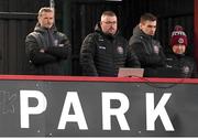 15 April 2024; Bohemians staff, from left, first team coach analyst Alan Moore, analyst Martin Doyle, Aaron Fitzsimons and director of football Pat Fenlon during the SSE Airtricity Men's Premier Division match between Bohemians and Dundalk at Dalymount Park in Dublin. Photo by Stephen McCarthy/Sportsfile
